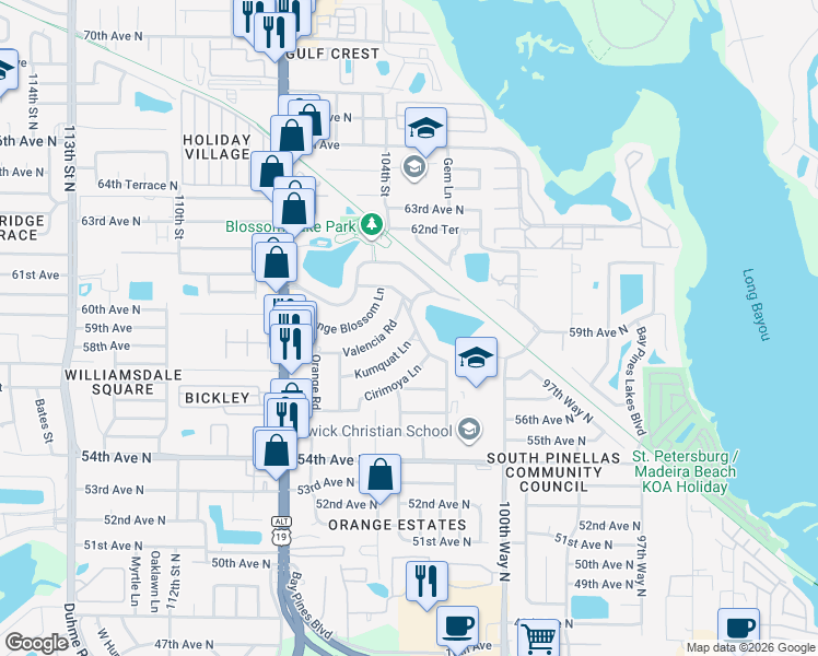 map of restaurants, bars, coffee shops, grocery stores, and more near 5971 Blossom Lake Drive in Seminole
