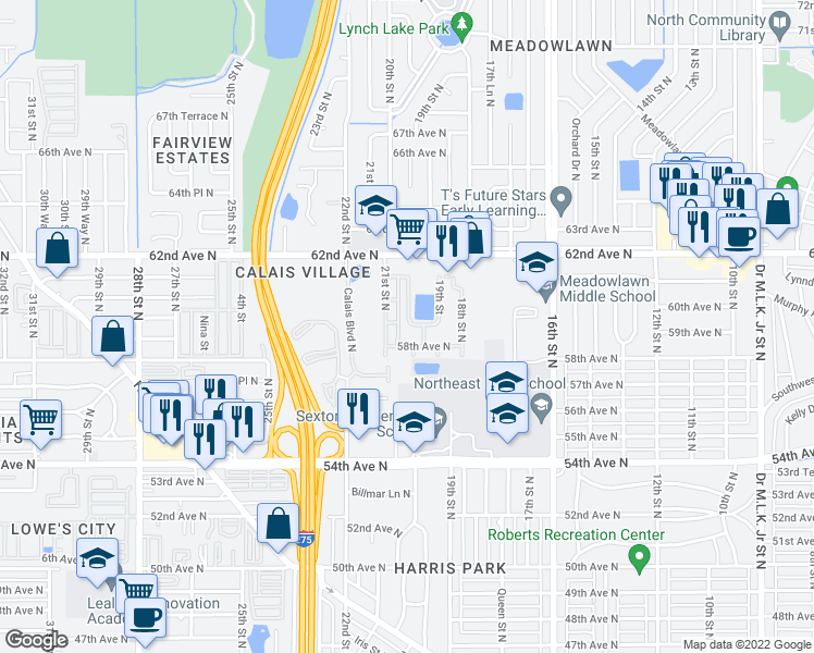 map of restaurants, bars, coffee shops, grocery stores, and more near 1900 61st Avenue North in St. Petersburg