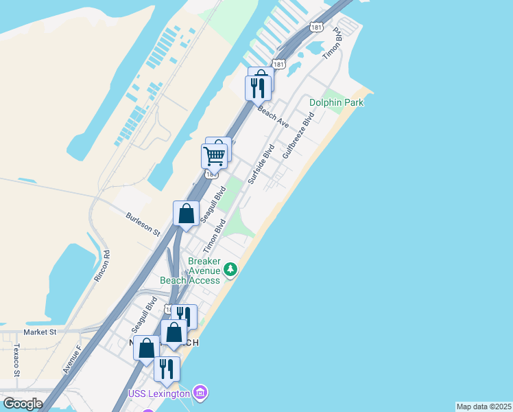 map of restaurants, bars, coffee shops, grocery stores, and more near 3938 Surfside Boulevard in Corpus Christi