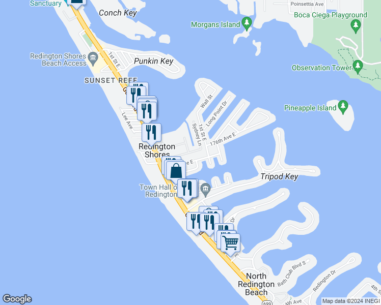 map of restaurants, bars, coffee shops, grocery stores, and more near 119 Forest Hills Drive in Redington Shores