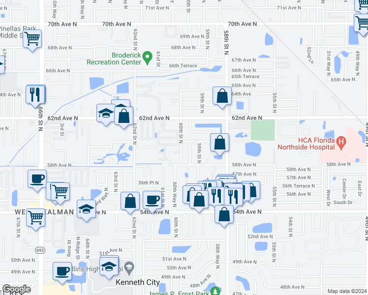 map of restaurants, bars, coffee shops, grocery stores, and more near 5943 60th Street North in Saint Petersburg