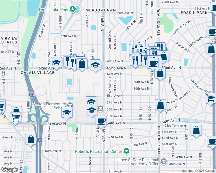 map of restaurants, bars, coffee shops, grocery stores, and more near 5974 15th Way North in St. Petersburg