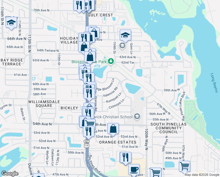 map of restaurants, bars, coffee shops, grocery stores, and more near 10448 Orange Blossom Lane in Seminole