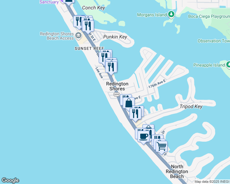map of restaurants, bars, coffee shops, grocery stores, and more near 17710 Gulf Boulevard in Redington Shores