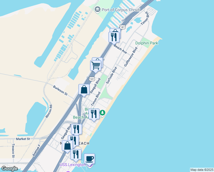 map of restaurants, bars, coffee shops, grocery stores, and more near 4014 Surfside Boulevard in Corpus Christi