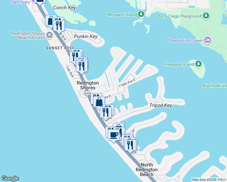 map of restaurants, bars, coffee shops, grocery stores, and more near 131 Forest Hills Drive in Redington Shores