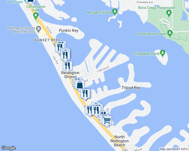 map of restaurants, bars, coffee shops, grocery stores, and more near 17594 1st Street East in Redington Shores