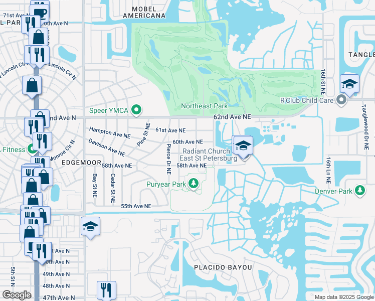 map of restaurants, bars, coffee shops, grocery stores, and more near 763 59th Avenue Northeast in St. Petersburg