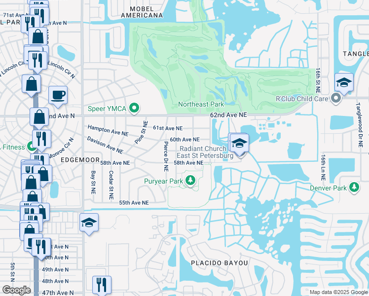 map of restaurants, bars, coffee shops, grocery stores, and more near 763 59th Avenue Northeast in St. Petersburg