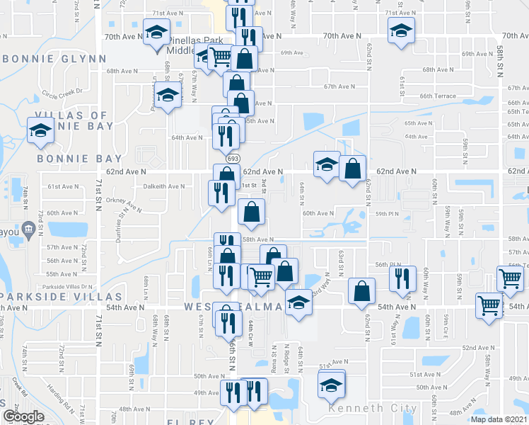 map of restaurants, bars, coffee shops, grocery stores, and more near 5975 66th Terrace in Pinellas Park