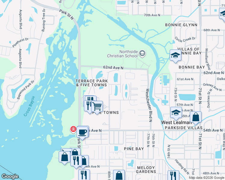 map of restaurants, bars, coffee shops, grocery stores, and more near 5970 80th Street North in St. Petersburg