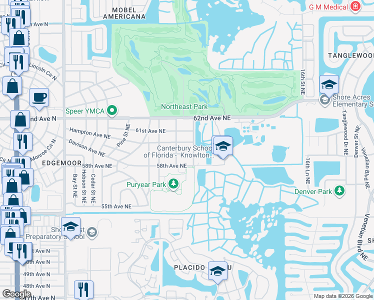 map of restaurants, bars, coffee shops, grocery stores, and more near 814 60th Avenue Northeast in St. Petersburg