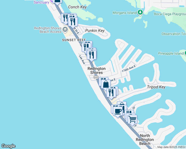 map of restaurants, bars, coffee shops, grocery stores, and more near 17710 Gulf Boulevard in Redington Shores
