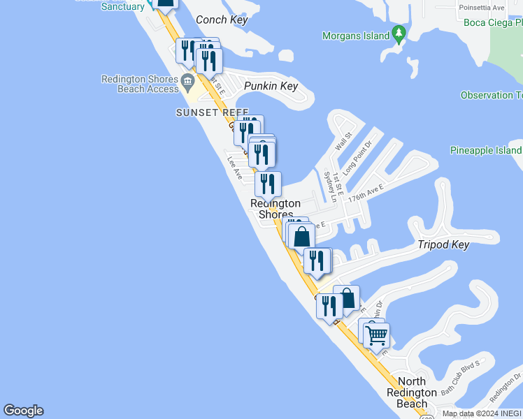 map of restaurants, bars, coffee shops, grocery stores, and more near 115 177th Avenue West in Redington Shores