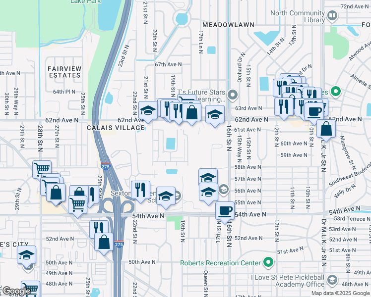 map of restaurants, bars, coffee shops, grocery stores, and more near 5920 18th Street North in St. Petersburg
