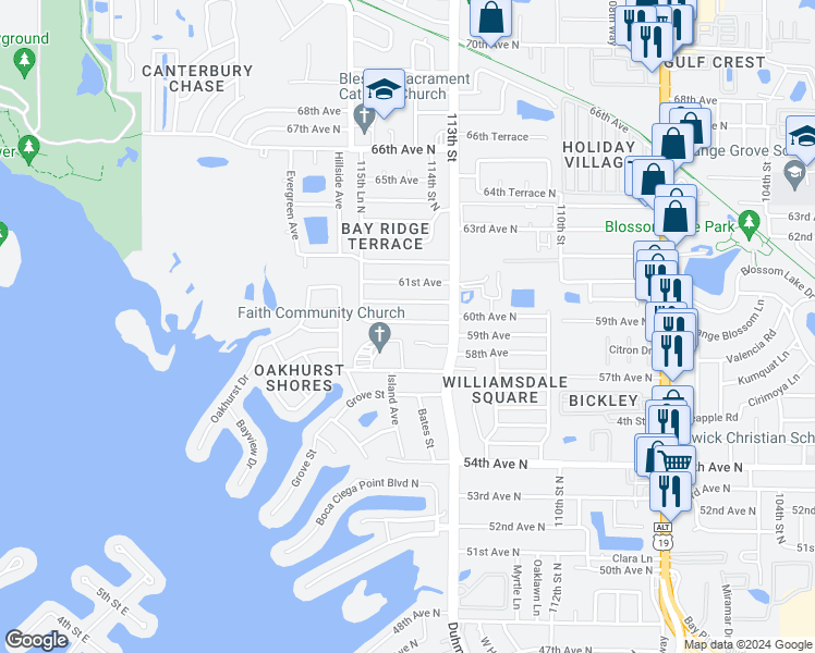 map of restaurants, bars, coffee shops, grocery stores, and more near 11436 59th Terrace in Seminole