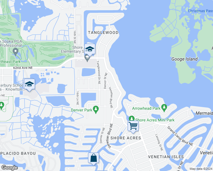map of restaurants, bars, coffee shops, grocery stores, and more near 5931 Denver Street Northeast in St. Petersburg