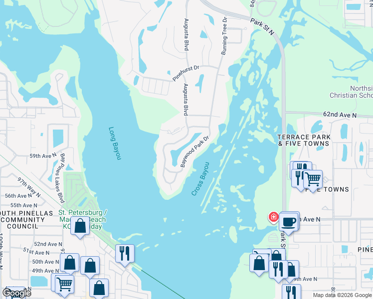 map of restaurants, bars, coffee shops, grocery stores, and more near 9050 Baywood Park Drive in Seminole