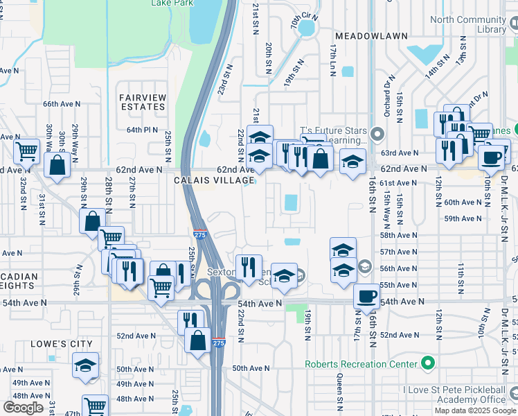 map of restaurants, bars, coffee shops, grocery stores, and more near 5970 21st Street North in St. Petersburg