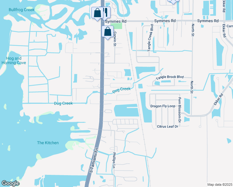 map of restaurants, bars, coffee shops, grocery stores, and more near 6310 Magnolia Trails Lane in Gibsonton