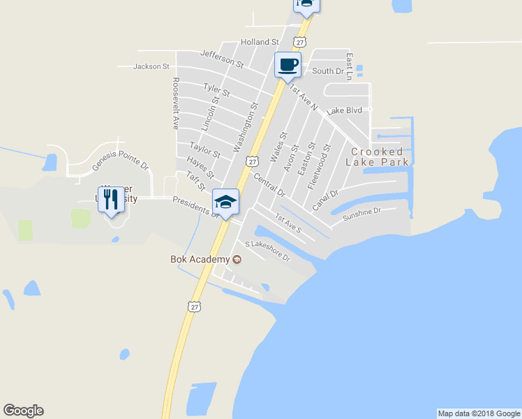 map of restaurants, bars, coffee shops, grocery stores, and more near 43 North Lakeshore Drive in Lake Wales