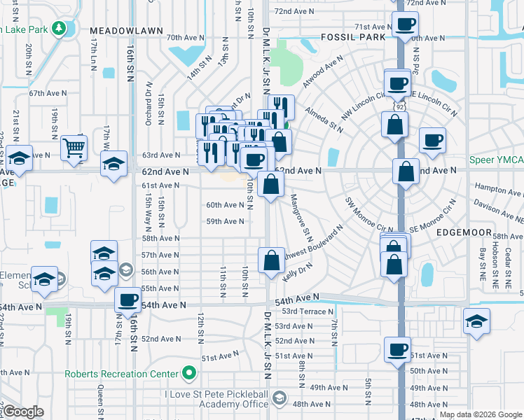 map of restaurants, bars, coffee shops, grocery stores, and more near 6010 Doctor Martin Luther King Junior Street North in St. Petersburg