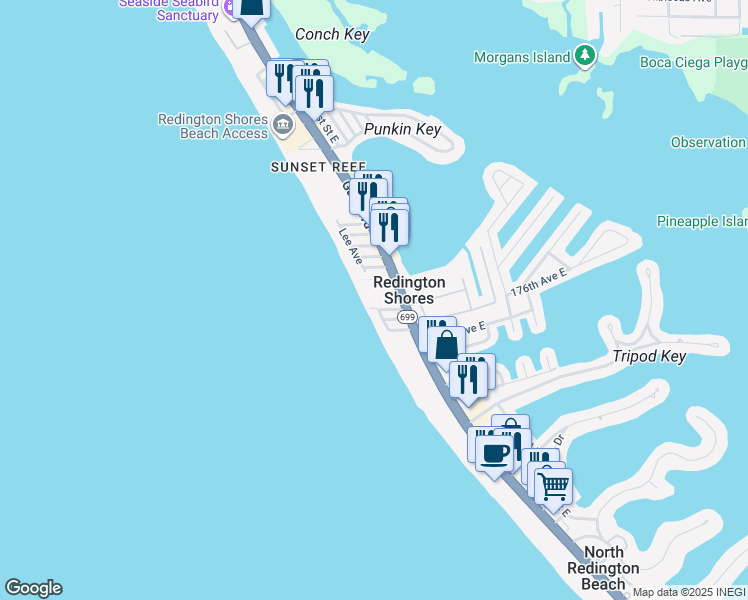 map of restaurants, bars, coffee shops, grocery stores, and more near 17710 Gulf Boulevard in Redington Shores