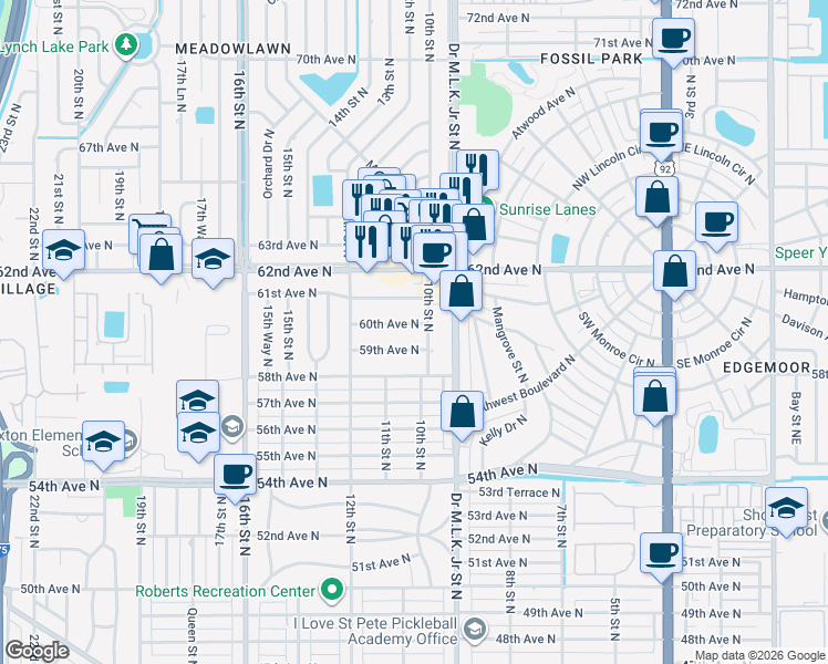 map of restaurants, bars, coffee shops, grocery stores, and more near 1018 60th Avenue North in St. Petersburg