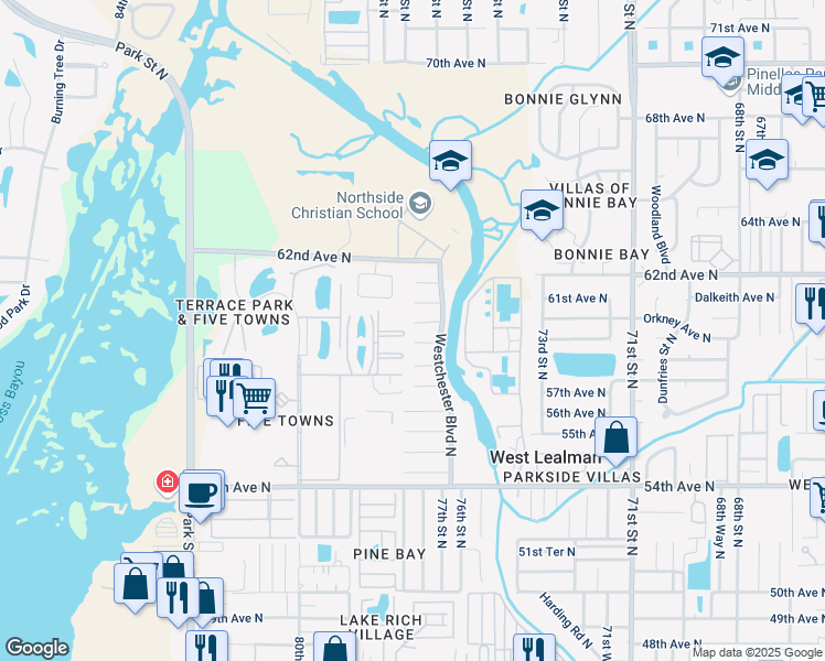 map of restaurants, bars, coffee shops, grocery stores, and more near 5973 Terrace Park Drive North in St. Petersburg