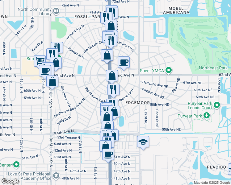 map of restaurants, bars, coffee shops, grocery stores, and more near 120 Southeast Madison Circle North in St. Petersburg