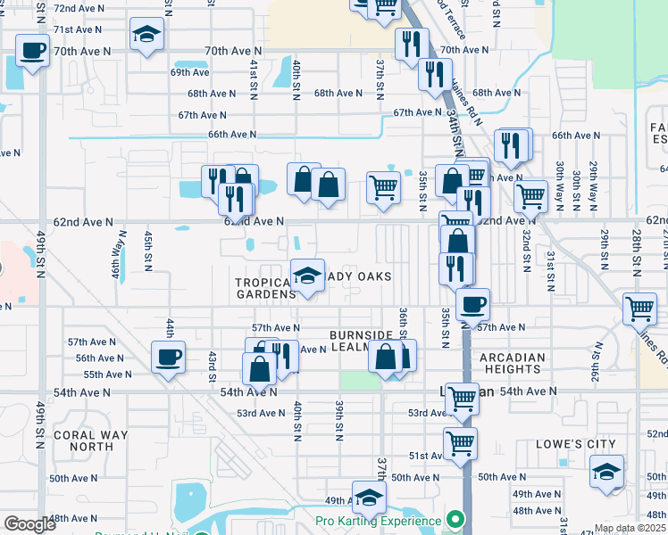 map of restaurants, bars, coffee shops, grocery stores, and more near 5853 39th Street North in St. Petersburg