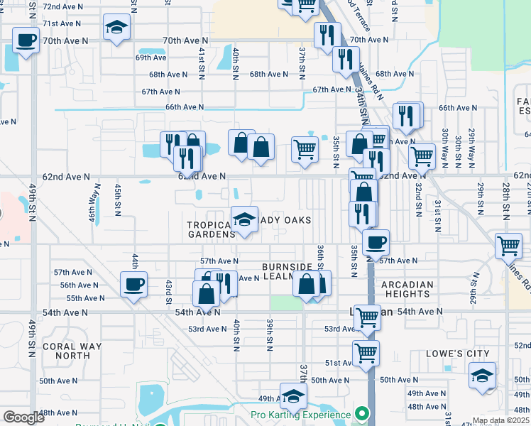 map of restaurants, bars, coffee shops, grocery stores, and more near 5853 39th Street North in Saint Petersburg