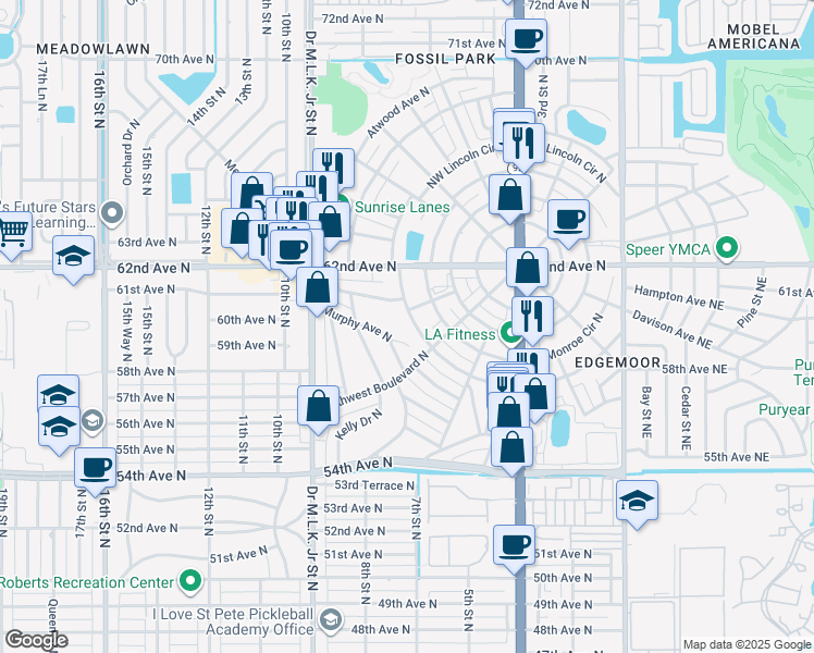 map of restaurants, bars, coffee shops, grocery stores, and more near 229 Southwest Lincoln Circle North in St. Petersburg