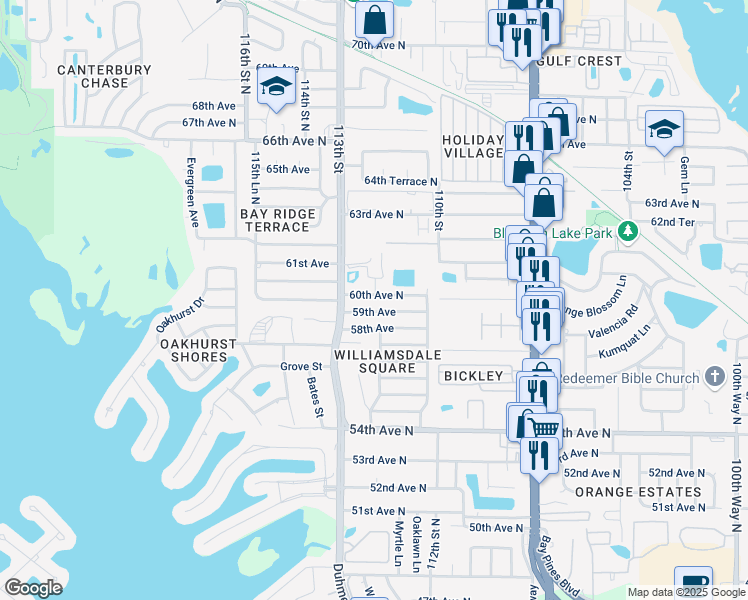 map of restaurants, bars, coffee shops, grocery stores, and more near 11200 60th Avenue North in Seminole