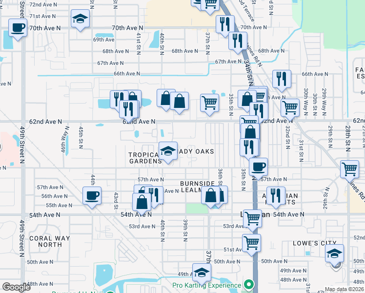 map of restaurants, bars, coffee shops, grocery stores, and more near 5853 39th Street North in St. Petersburg