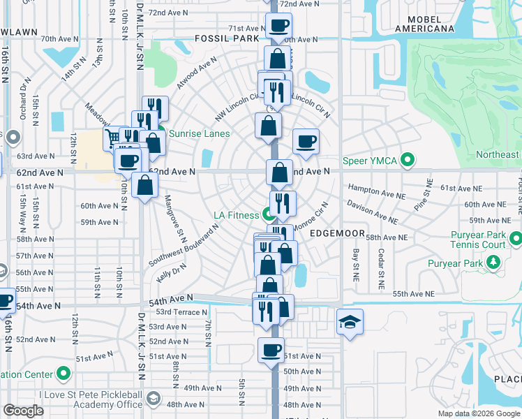 map of restaurants, bars, coffee shops, grocery stores, and more near 111 Southwest Madison Circle North in St. Petersburg