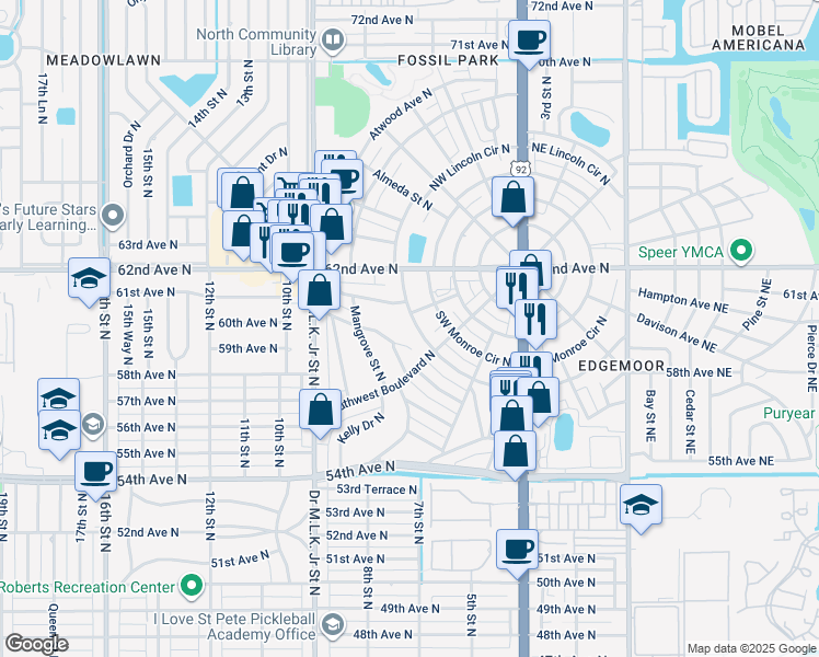 map of restaurants, bars, coffee shops, grocery stores, and more near 229 Southwest Lincoln Circle North in St. Petersburg