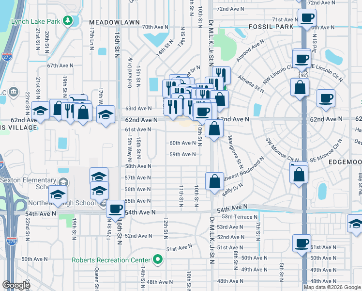 map of restaurants, bars, coffee shops, grocery stores, and more near 1118 60th Avenue North in St. Petersburg