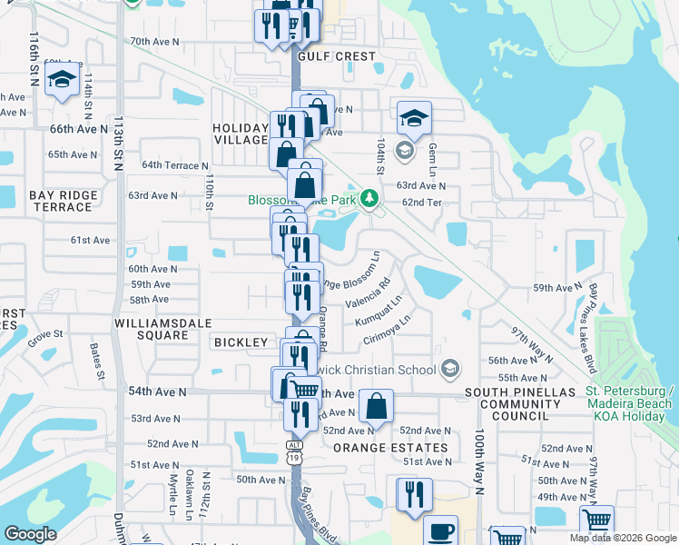 map of restaurants, bars, coffee shops, grocery stores, and more near 10572 Blossom Lake Drive in Seminole
