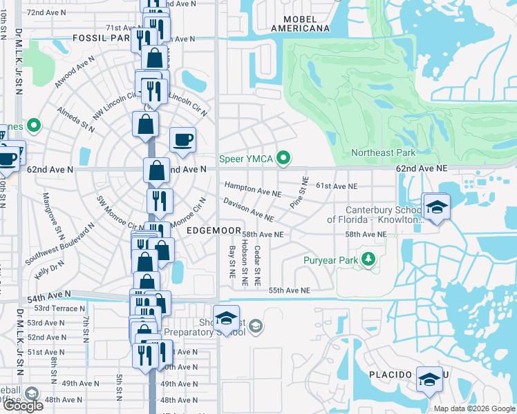 map of restaurants, bars, coffee shops, grocery stores, and more near 6009 Cedar Street Northeast in St. Petersburg