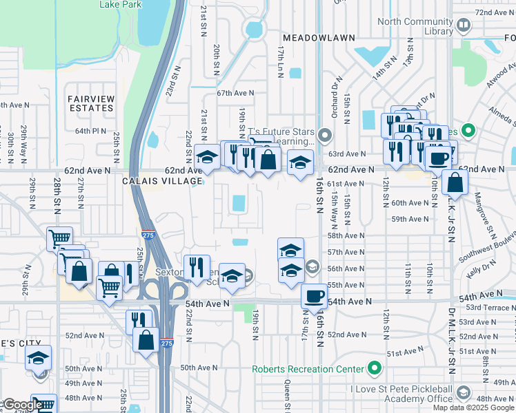 map of restaurants, bars, coffee shops, grocery stores, and more near 5920 18th Street North in St. Petersburg