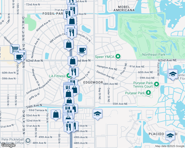 map of restaurants, bars, coffee shops, grocery stores, and more near 5920 1st St N in St Petersburg