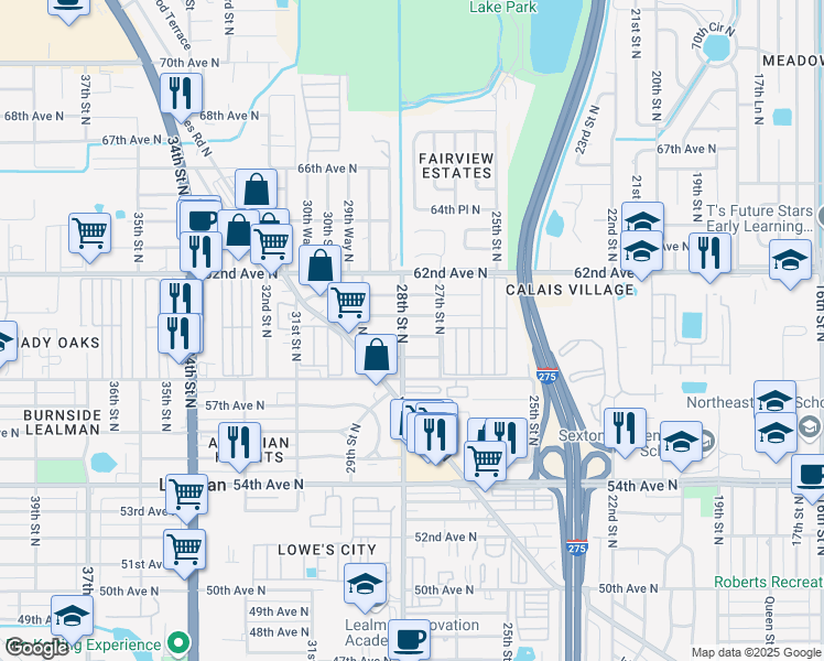 map of restaurants, bars, coffee shops, grocery stores, and more near 2761 59th Ave N in St Petersburg