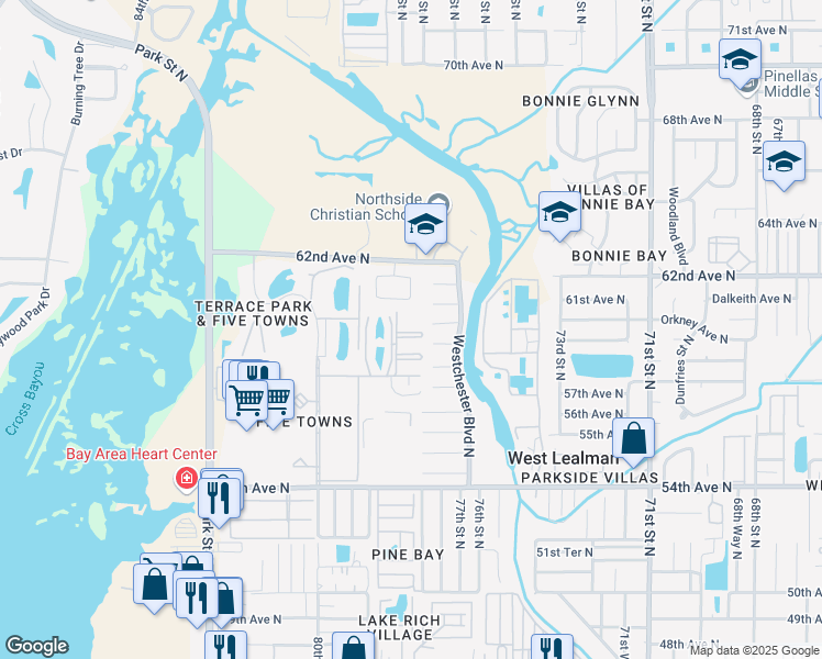 map of restaurants, bars, coffee shops, grocery stores, and more near 5973 Terrace Park Drive North in St. Petersburg
