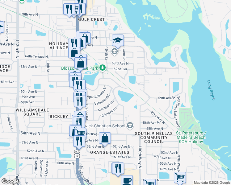 map of restaurants, bars, coffee shops, grocery stores, and more near 5971 Blossom Lake Drive in Seminole