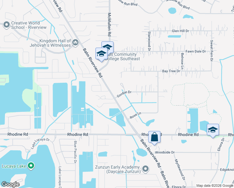 map of restaurants, bars, coffee shops, grocery stores, and more near 11802 Gordon Drive in Riverview