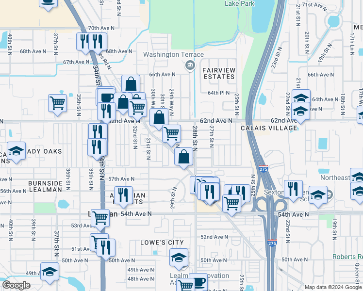 map of restaurants, bars, coffee shops, grocery stores, and more near 2857 59th Avenue North in St. Petersburg