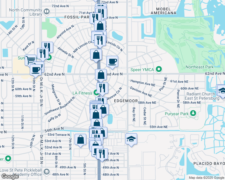 map of restaurants, bars, coffee shops, grocery stores, and more near 147 Southeast Madison Circle North in St. Petersburg