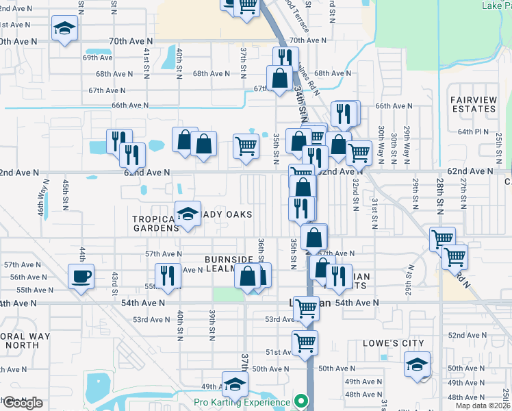 map of restaurants, bars, coffee shops, grocery stores, and more near 3540 62 Avenue North in St. Petersburg