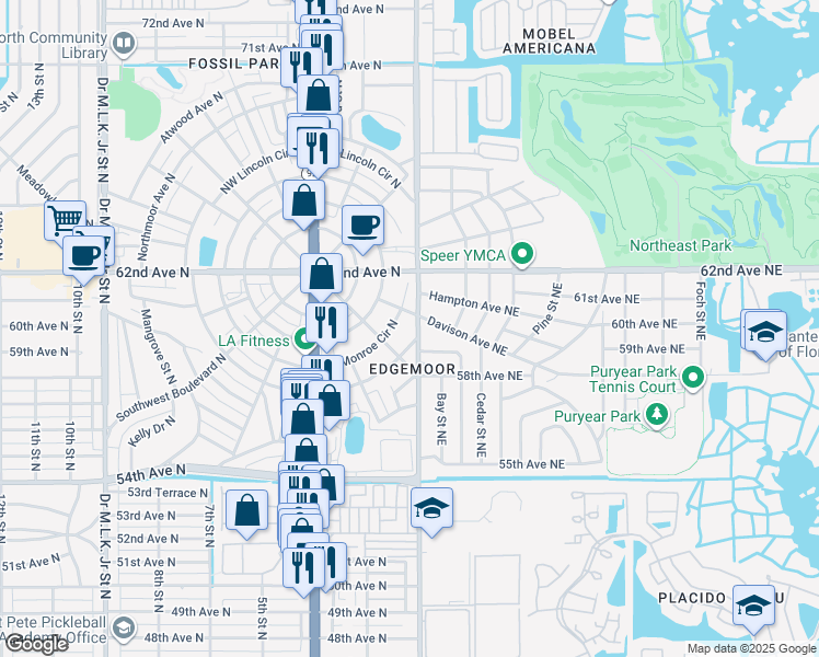 map of restaurants, bars, coffee shops, grocery stores, and more near 5920 1st Street North in St. Petersburg